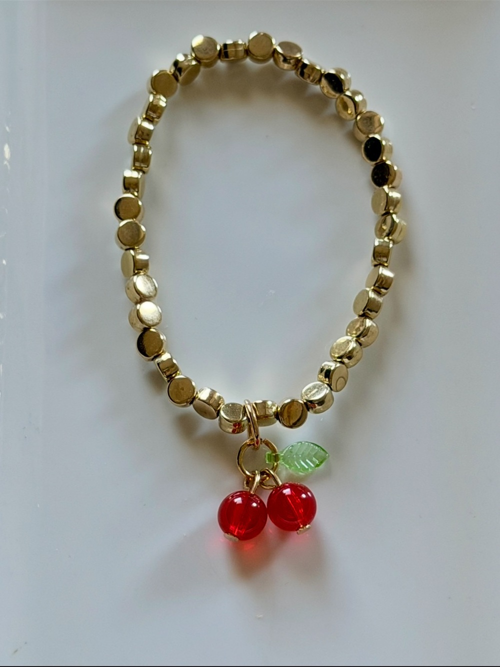 Gold Beaded Stretch Bracelet with Red Cherry Charm - Women Jewelry